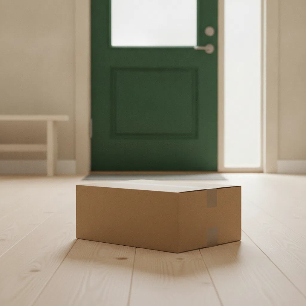 Diskret brun kartongbox redo för leverans vid en ljus ytterdörr
