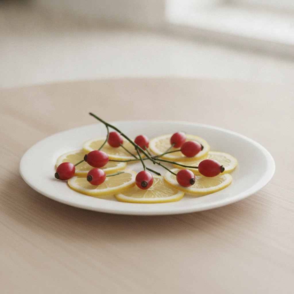 Citronskivor, apelsiner och nypon på en träskärbräda, ingredienser med C-vitamin