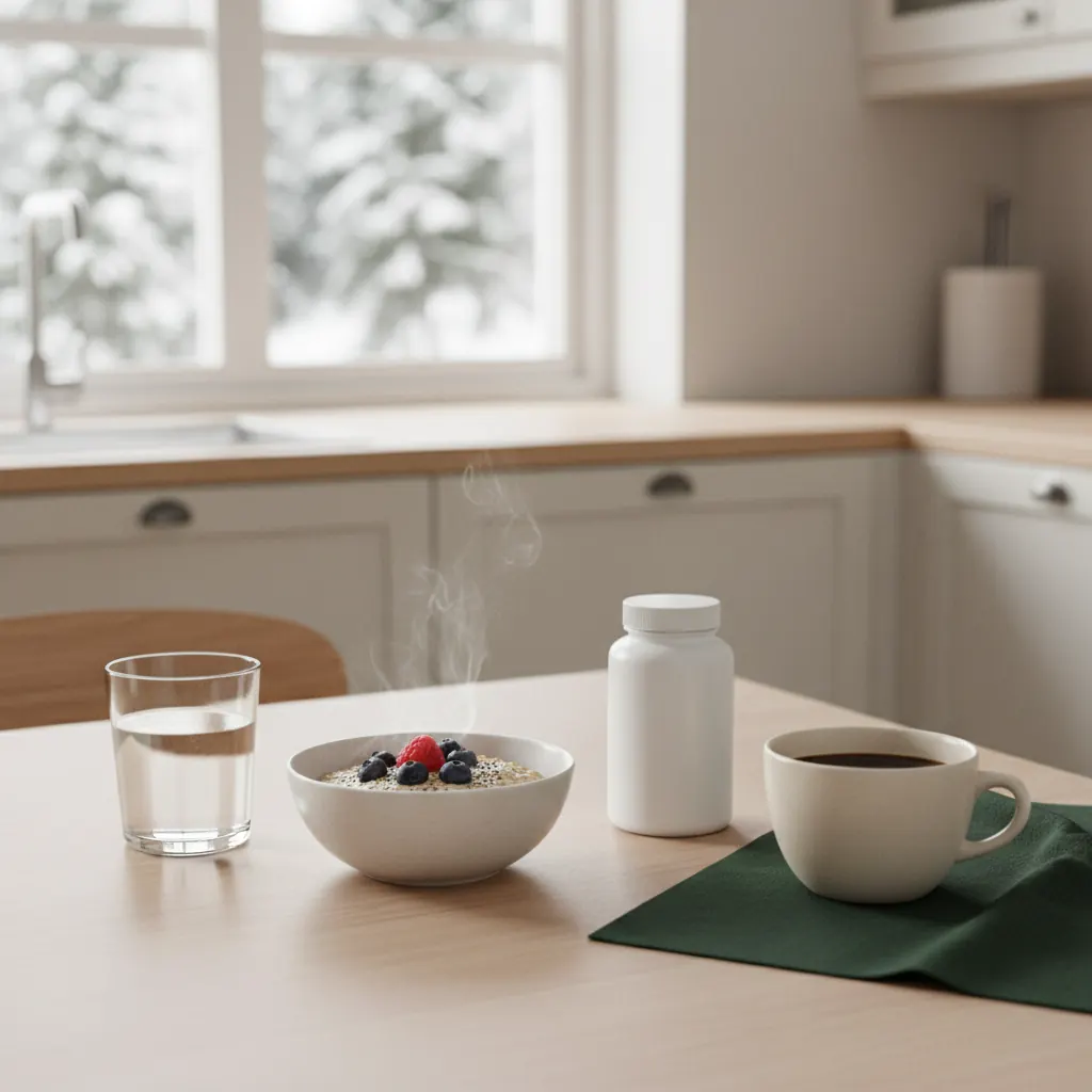Frukostbord med ett glas vatten, skål med havregryn och en flaska kosttillskott i morgonljus