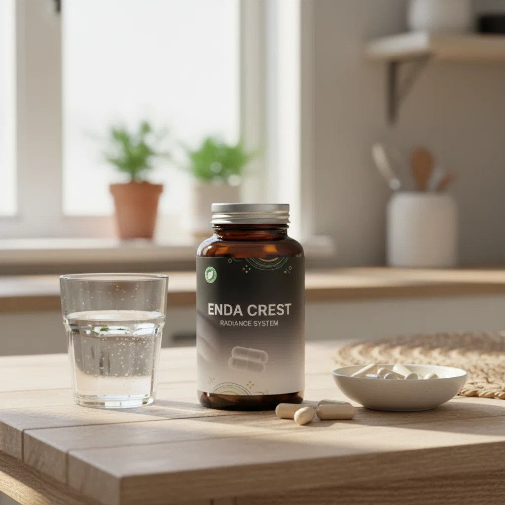 Enda Crest Radiance System flaska på köksbord med mandlar och ett glas vatten