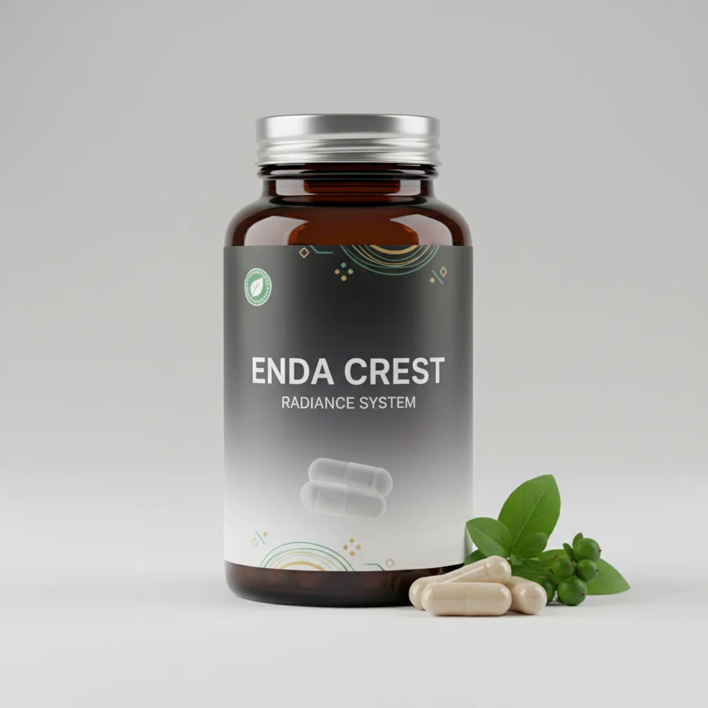 Enda Crest Radiance System vit apoteksflaska med gröna blad och kapslar på ljus sten